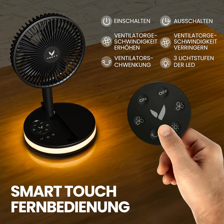 VENTY Tragbarer Ventilator - Faltbarer Ventilator Akku mit Transporttasche, Ladeanschluss und USB-An