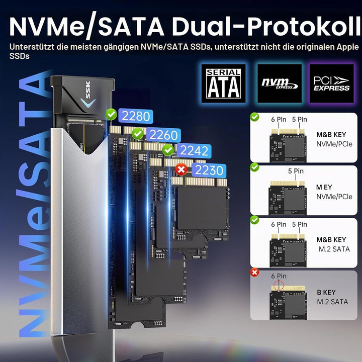 SSK Aluminium M.2 NVME SATA SSD Gehäuseadapter, USB 3.2 Gen 2 (10 Gbit/s) auf PCI-E NGFF M-Key/(B+M)
