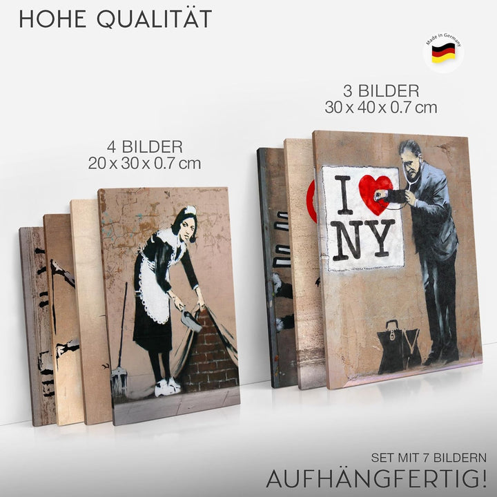 Novart Wandbilder Banksy Collage - KOMPLETT AUFHÄNGFERTIG - Street Art Beige Wohnzimmer Büro - 7 Mod