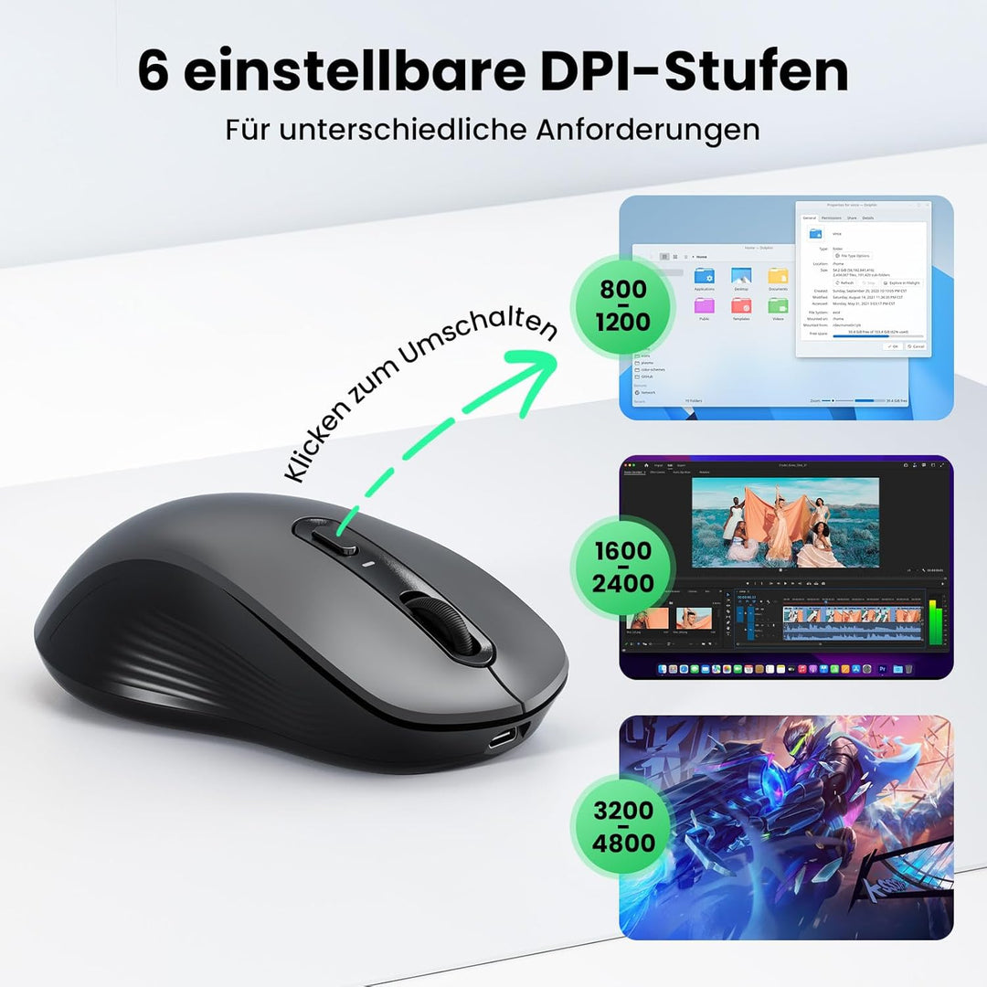TECKNET Bluetooth Maus, PC Maus Kabellos, Wiederaufladbar Computer Maus 4800 DPI, (BT 5.0/3.0+2.4 GH