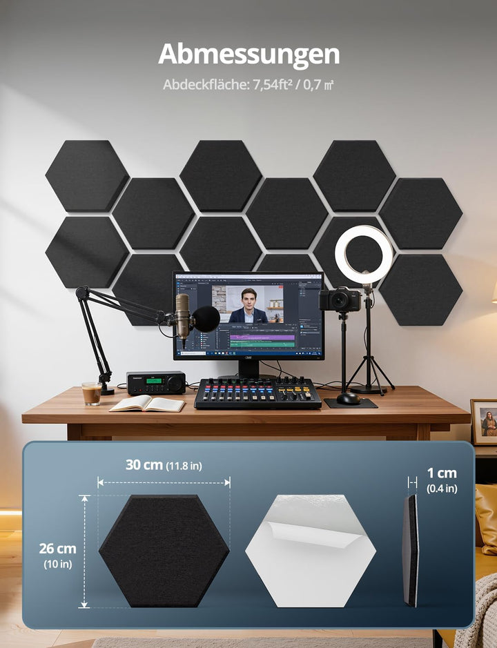 Kuchoow Akustikpaneele Hexagon Selbstklebend mit MLV Schalldämmung 12 Stück Wand Schwarz für Zimmer,