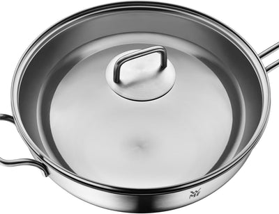 WMF Wok Induktion 30 cm, Wok mit Glasdeckel, Cromargan Edelstahl poliert, unbeschichtet, backofengee