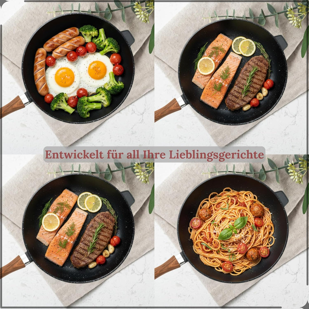 Goldmann Tiefe Bratpfanne 24 cm mit Glasdeckel – Aluminiumguss-Pfanne mit Keramik-Marmor Antihaftbes
