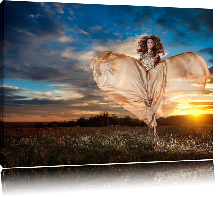Frau mit Kleid bei Sonnenuntergang Format: 100x70 auf Leinwand, XXL riesige Bilder fertig gerahmt mi