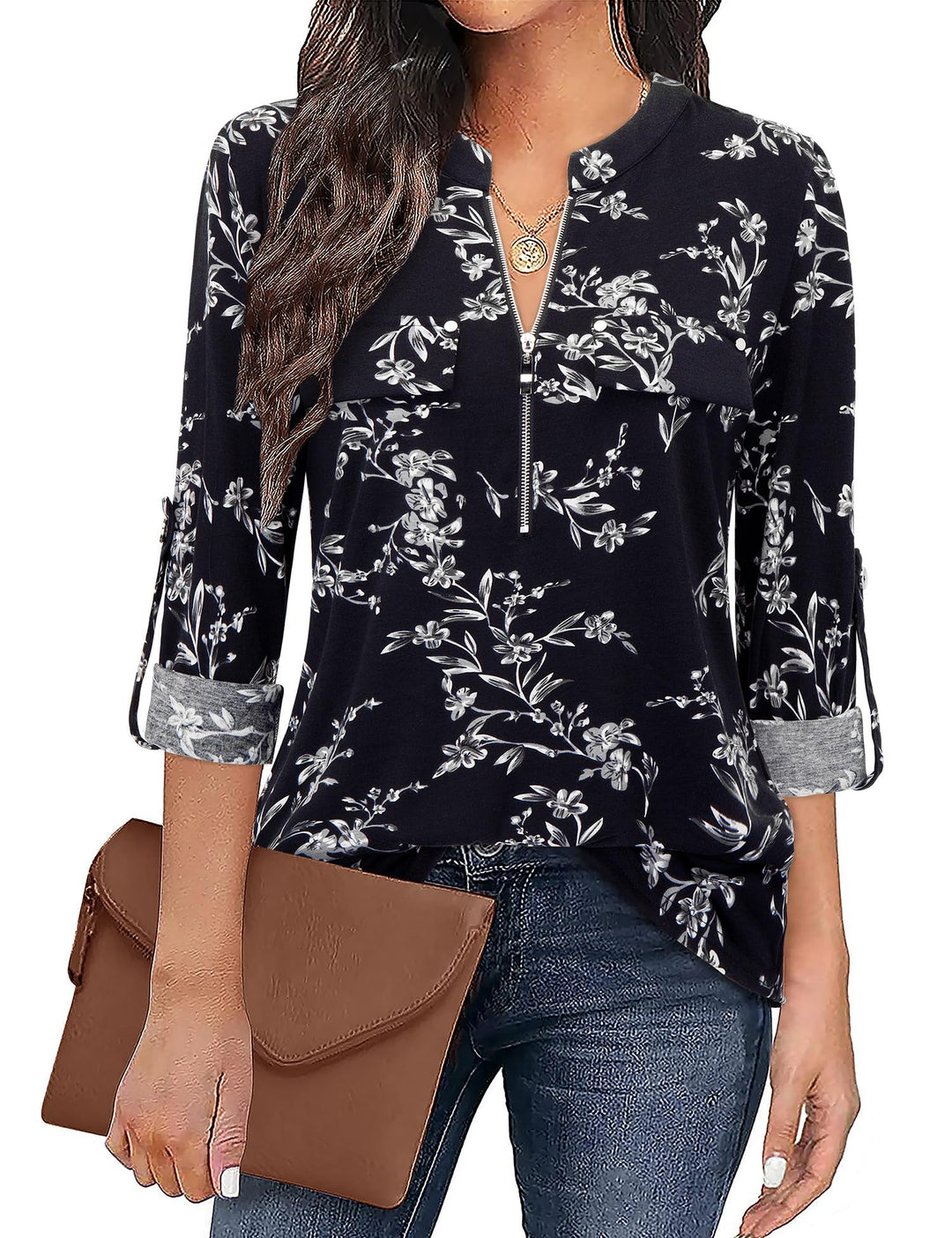 Siddhe Damen V-Ausschnitt Bluse 3/4 Ärmel Tunika Reissverschluss Langshirt Langarm Hemd Tops T-Shirt