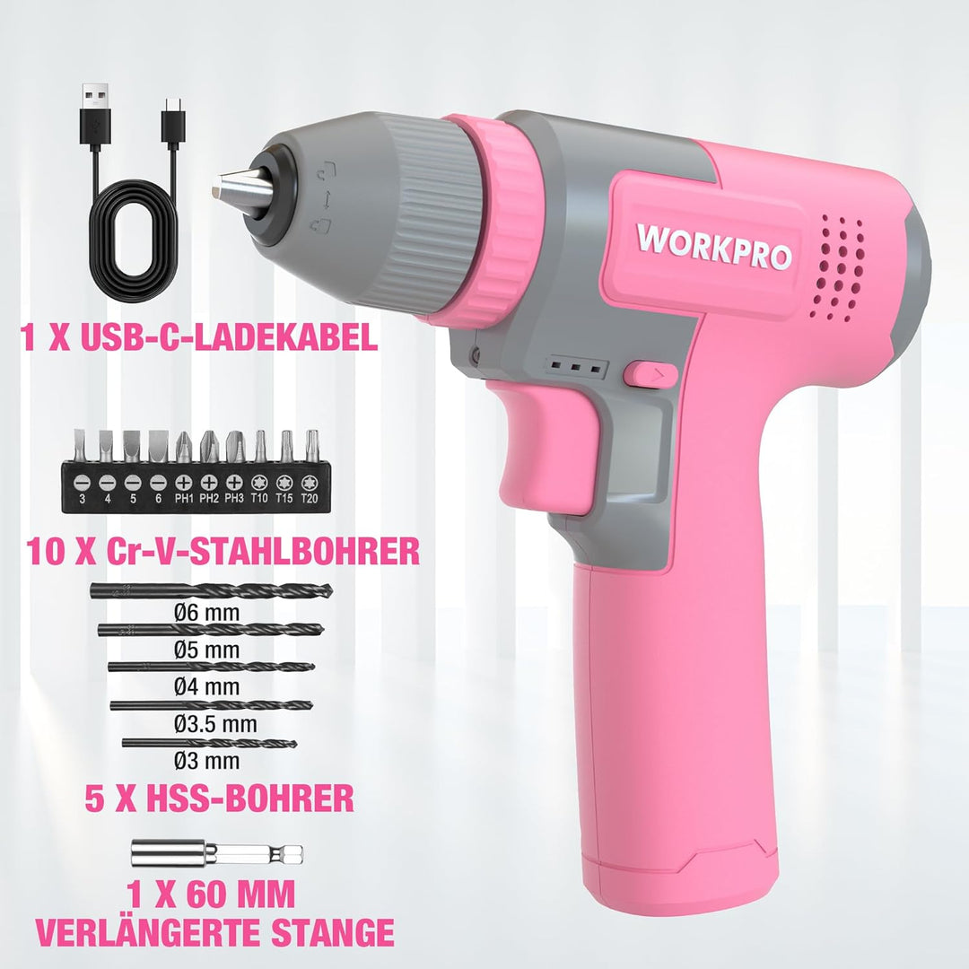 WORKPRO 8V Akku Bohrschrauber Set, Akkuschrauber, 2000 mAh Akku Bohrmaschine, 12 Nm Drehmoment, 10mm
