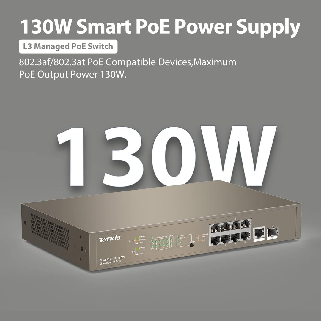 Tenda L3 Managed PoE Switch 10-Port Gigabit LAN Switch mit 8 PoE+ Ports (130W, VLAN, Igmp-Snooping,
