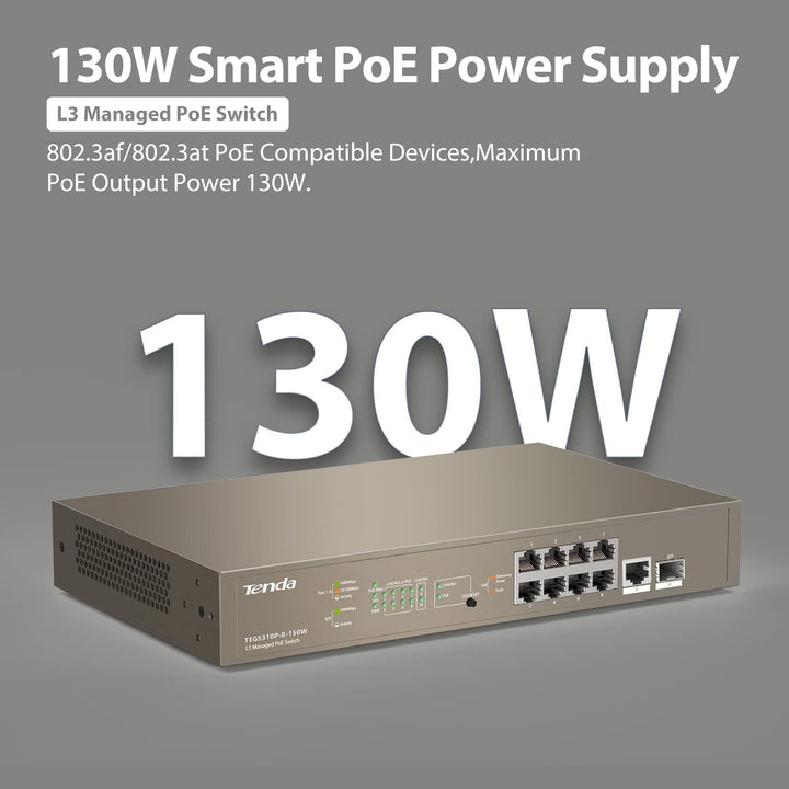 Tenda L3 Managed PoE Switch 10-Port Gigabit LAN Switch mit 8 PoE+ Ports (130W, VLAN, Igmp-Snooping,