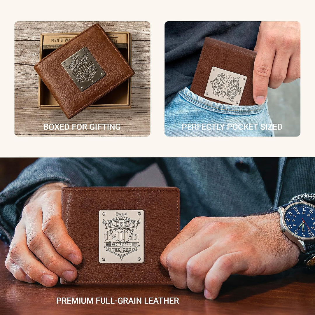 RFID-börse aus echtem Leder für Herren | Blessed Is The Man Jeremiah 17:7 Metall Emblem Qualität kla