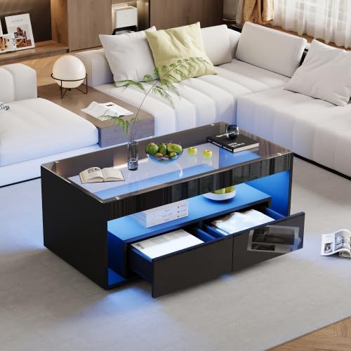 Merax LED Couchtisch – Moderner Wohnzimmertisch mit 16 Farben & 4 Modi, Hochglanz Design, Stauraum,