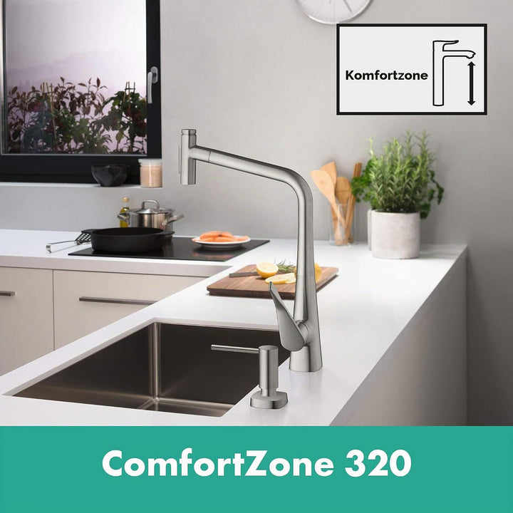 hansgrohe Küchenarmatur Metris Select mit Schlauchbox (Wasserhahn Küche 110°/150° schwenkbar, hoher