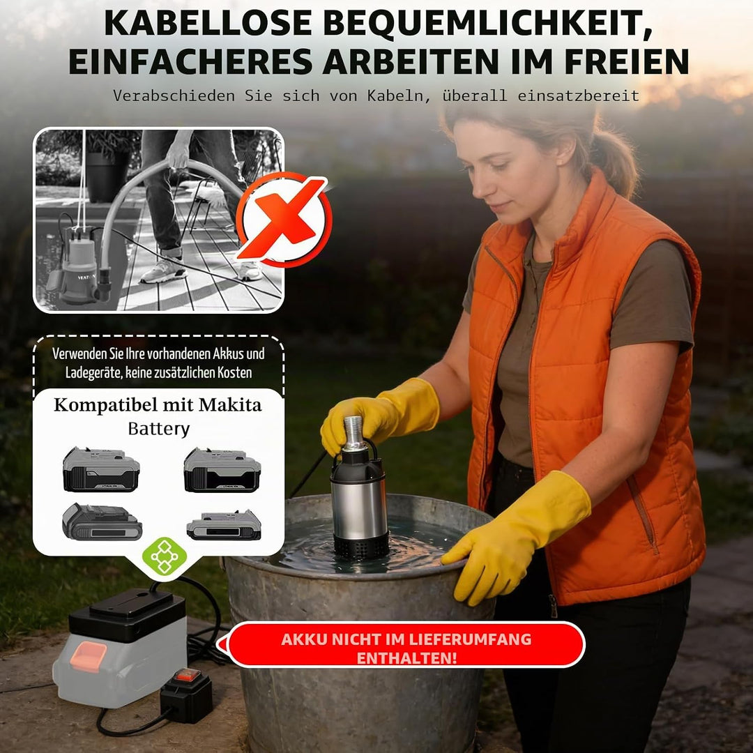 21V Tauchpumpe Schmutzwasser Sumpfpumpe, Akku Wasserpumpe Gartenpumpe, Kompatibel mit Makita Akku, 4