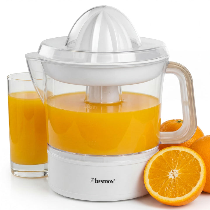 Bestron elektrische Zitrus- & Orangenpresse, inkl. 2 Presskegel und Aromadeckel, Motor mit zwei Dreh