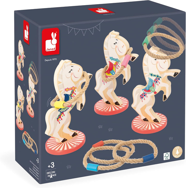 Janod - Pferde-Ringwurfspiel Applepop - Geschicklichkeitsspiel für Kinder - 3 Pferde + 6 Ringe - För