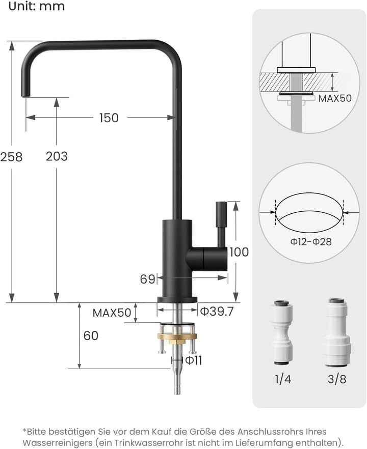 Trinkwasserhahn, Wasserhahn Küche Für Umkehrosmose Oder Wasserfiltersystem, Küchenarmatur Aus Edelst
