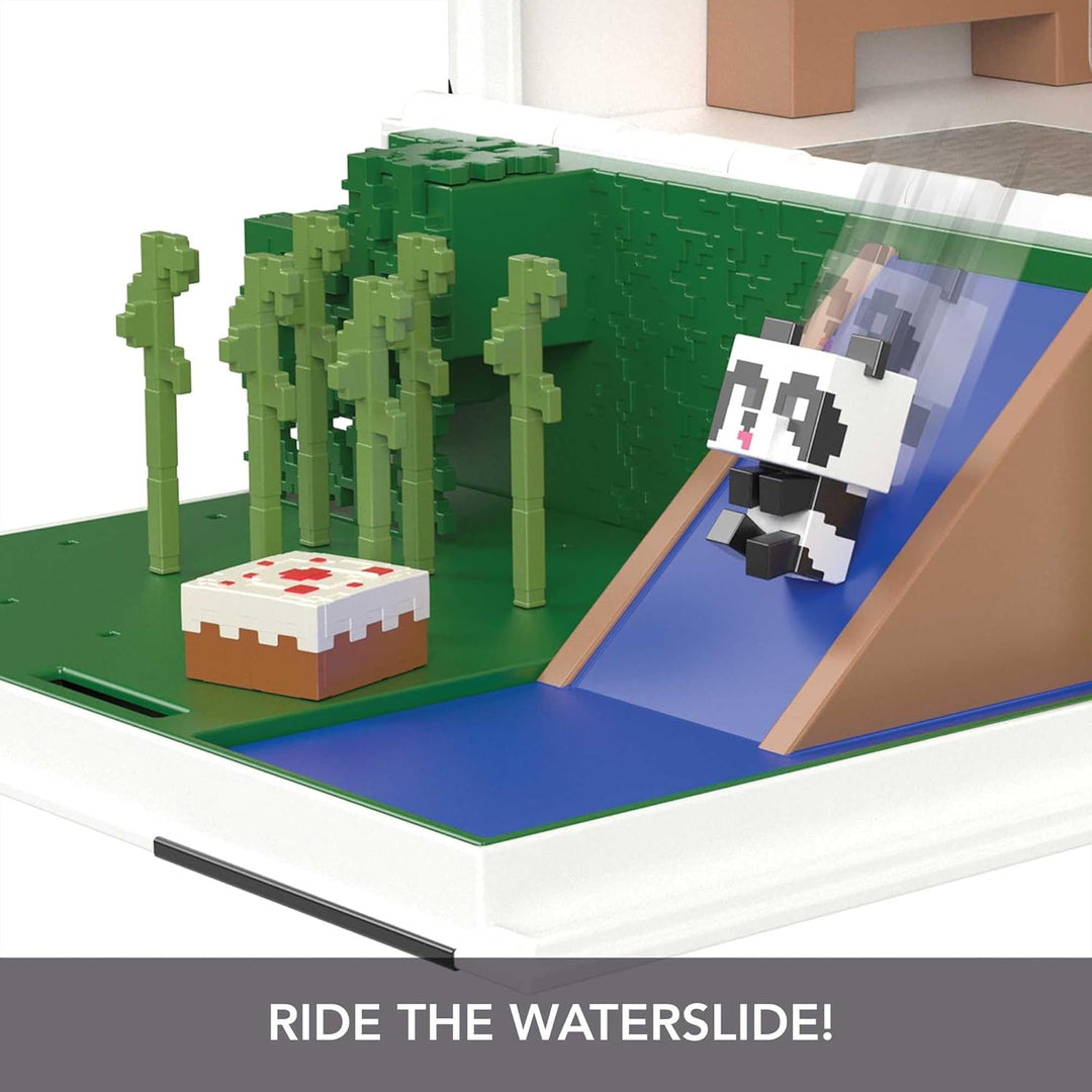 MINECRAFT Mob Head Minis Panda Spielhaus Spielset - 2-etagiges Haus, 2 Panda-Figuren, Wasserrutsche,