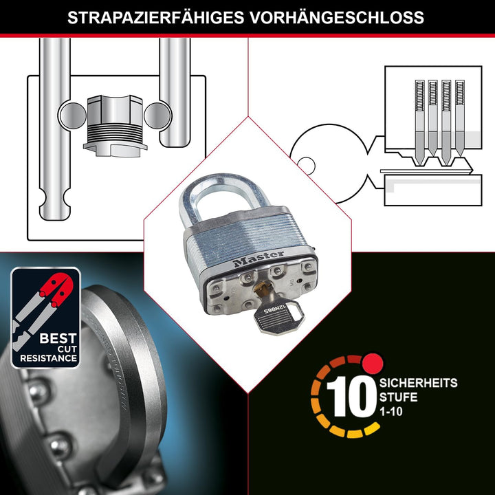 MASTER LOCK Hochleistungsvorhängeschloss [Schloss mit Schlüssel] [Laminierter Stahl] [Wetterfest] M1