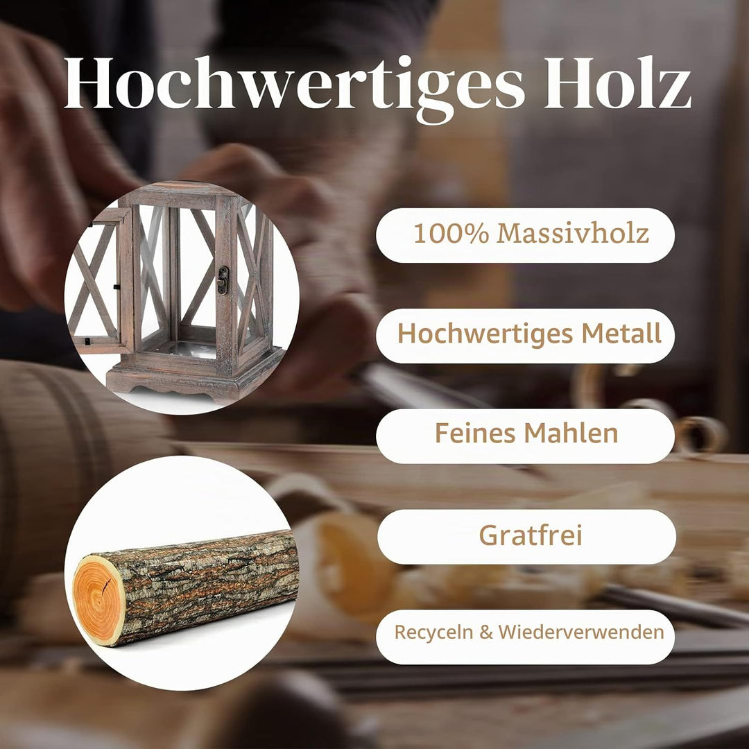 Sziqiqi Vintage Laterne Holz für Draussen &amp; Innen, 2er-Set, 28cm, Antikbraun | Holzlaterne im Rustik