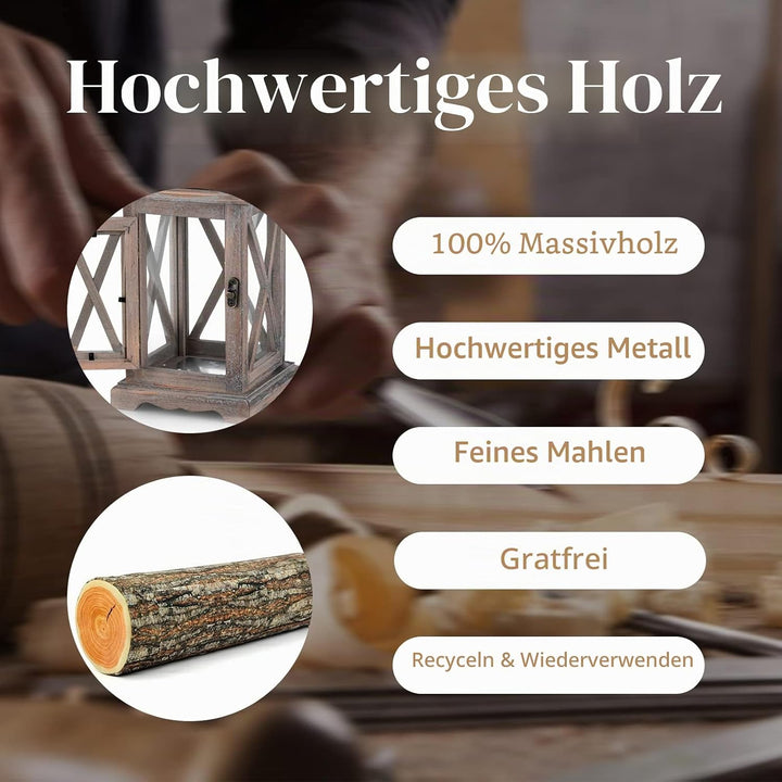 Sziqiqi Vintage Laterne Holz für Draussen &amp; Innen, 2er-Set, 28cm, Antikbraun | Holzlaterne im Rustik