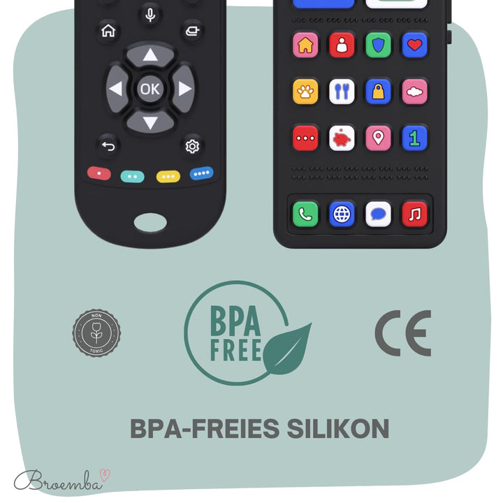 Baby Fernbedienung + Baby Telefon & Beissring - 100% Silikon Beissspielzeug, lebensechtes Spielzeug-