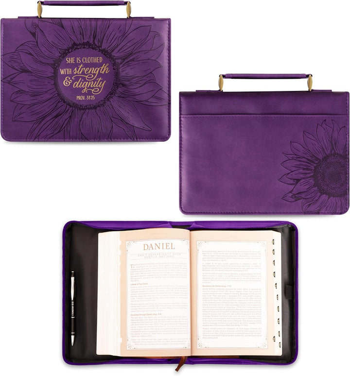 Bibelhülle mit violettem Sonnenblumen-Motiv, mit englischer Aufschrift "She is Clothed w/Strength Di