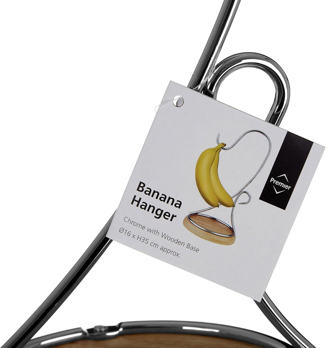 Premier Housewares Bananenhalter, Chrom mit Holzfuss, H35 x W16 x D16cm 1 Silver, 1 Silver