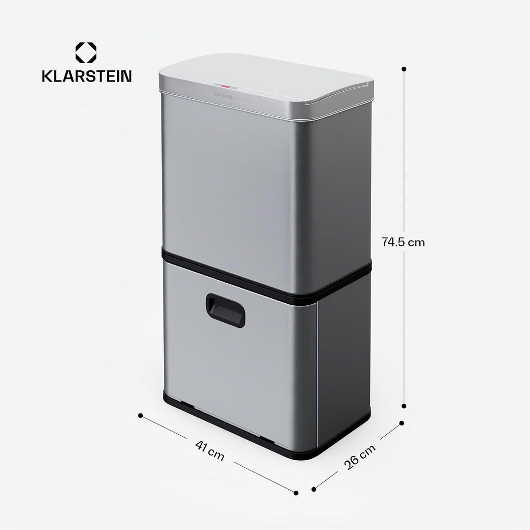 Klarstein 56 L Edelstahl-Sensormülleimer mit 3 Fächern (36+2x10 L), Bedienfeld mit LED-Anzeige, Soft