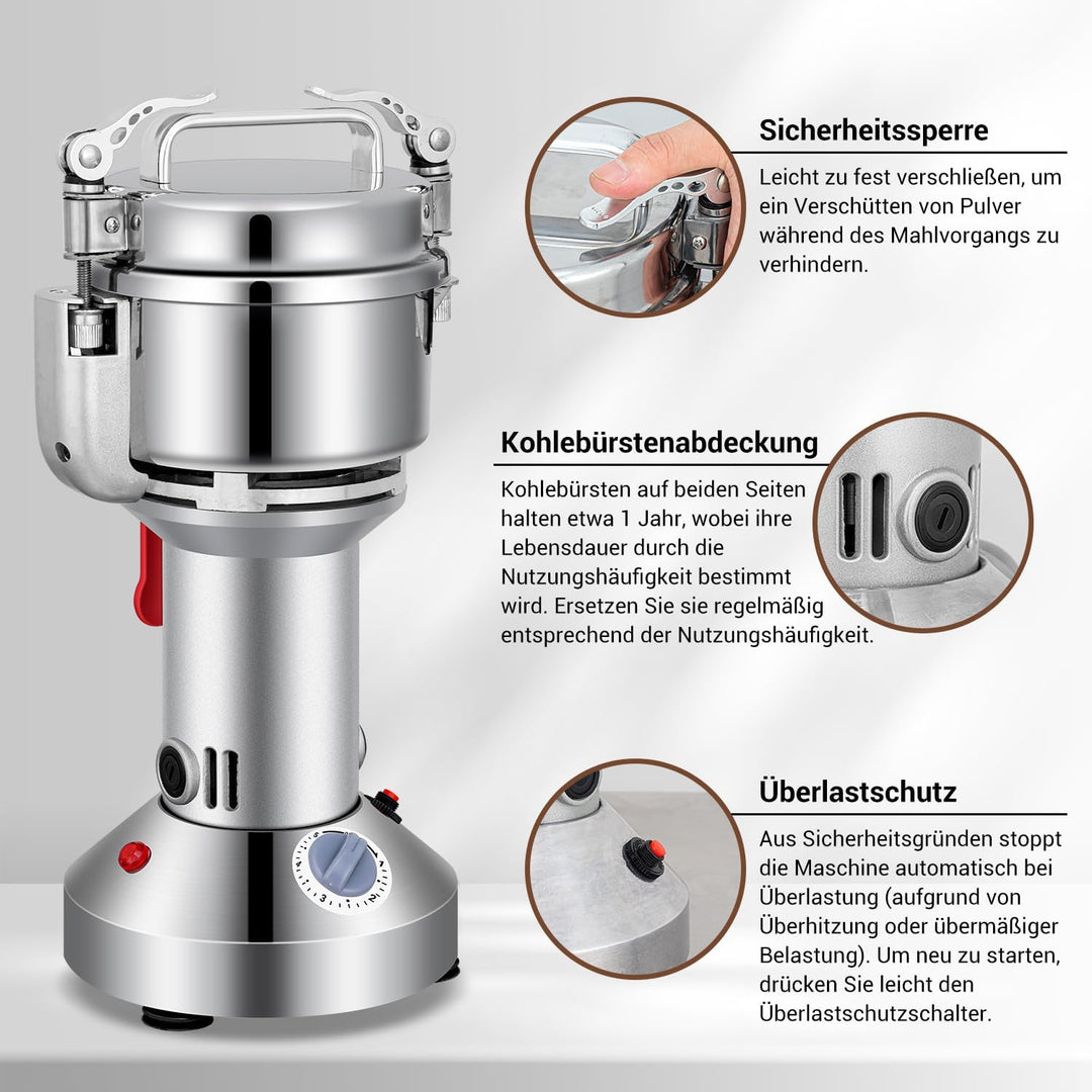 Elektrische Getreidemühle Mühle, 200g Kommerzielle Gewürzmühle 800W Edelstahl Pulverisator Trockenma