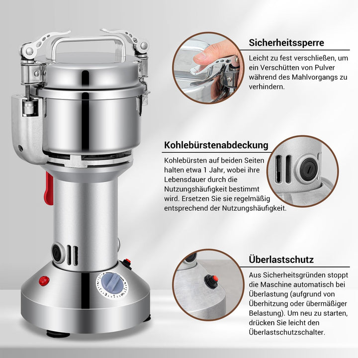 Elektrische Getreidemühle Mühle, 200g Kommerzielle Gewürzmühle 800W Edelstahl Pulverisator Trockenma