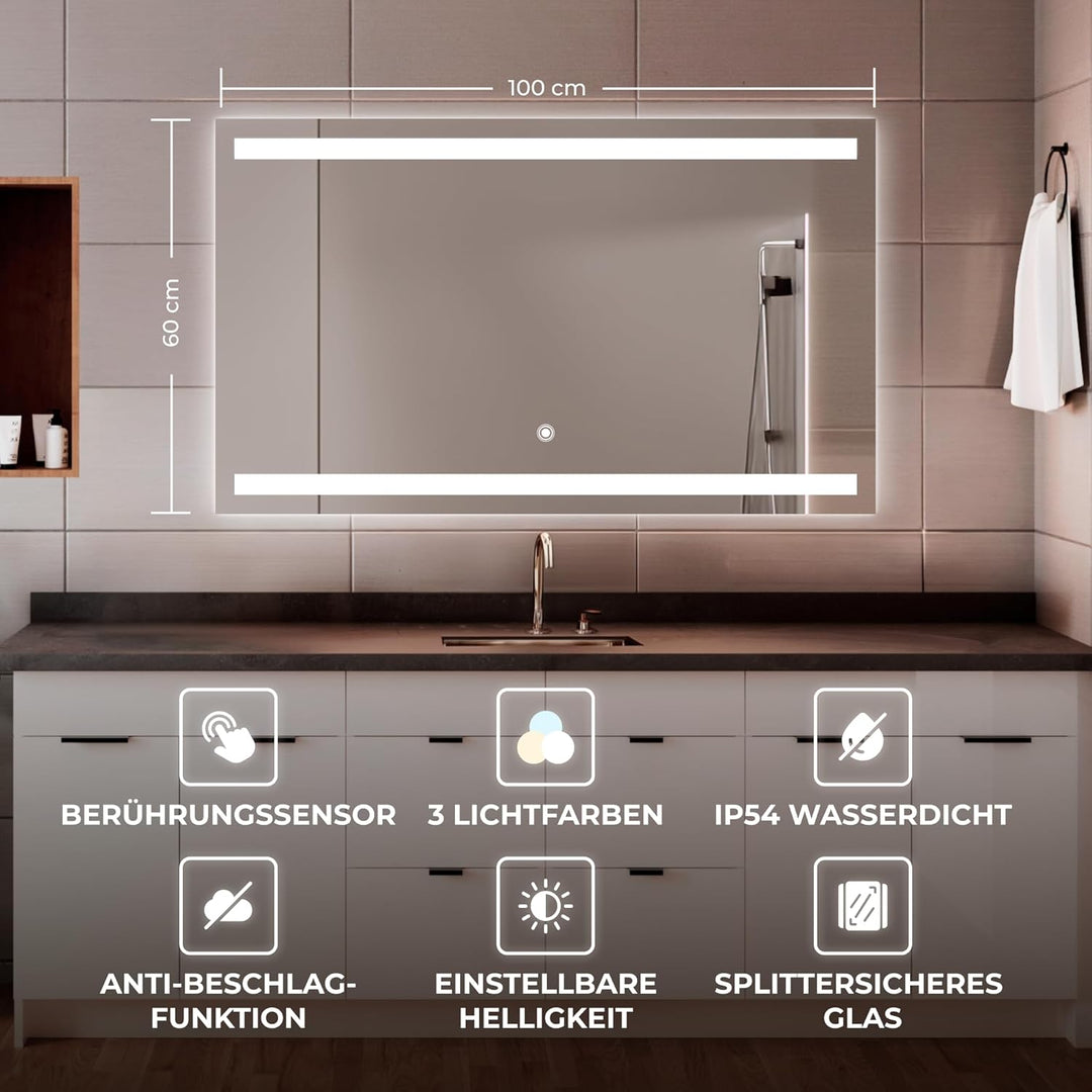 BR Bringer LED Badspiegel - 100x60 cm - Badezimmerspiegel mit Beleuchtung und Anti-Beschlag Funktion