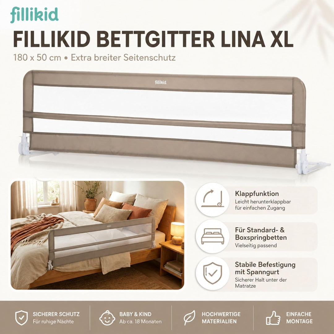 Fillikid Bettgitter Lina XL 180 x 50 cm Exklusiv | Rausfallschutz Bettschutzgitter für Kinderbett &amp;