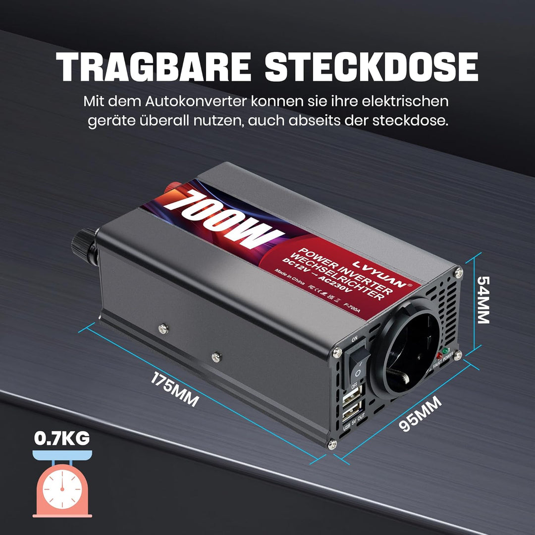 LVYUAN 500W Wechselrichter DC 12 V auf 230V AC Spannungswandler Auto Konverter 12 V mit Dual USB Por
