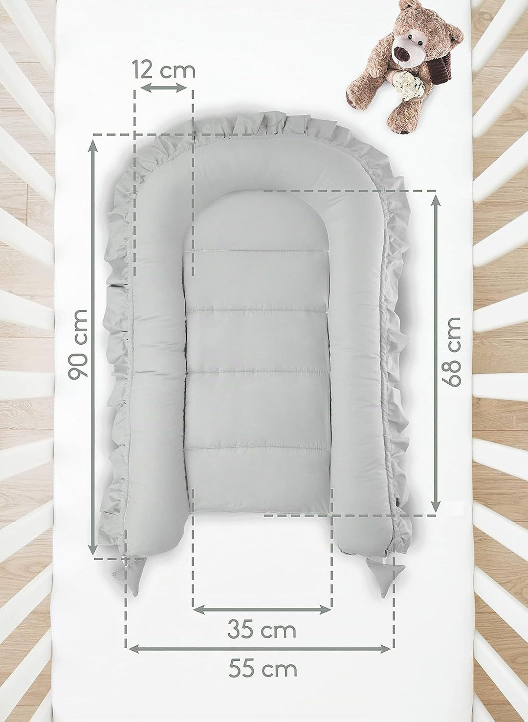PIMKO Babynest mit rüschen Babynestchen für Baby Kuschelnest Babykokon für Säuglinge und Neugeborene