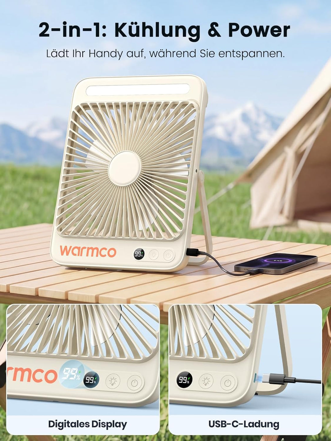 Warmco 20000mAh Akku Camping Ventilator 27cm mit Lampe, 15-48 Std. Laufzeit, Ultra-Leise, Ultraflach