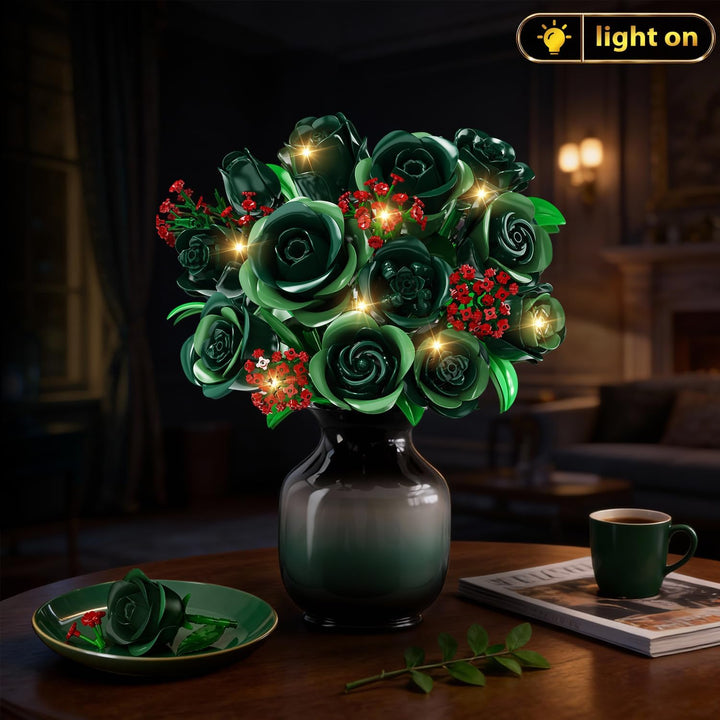 Blumenstrauss Bausatz mit Licht, 16 grüne Rosen botanische Kollektion Bausteine für Erwachsene Mädch
