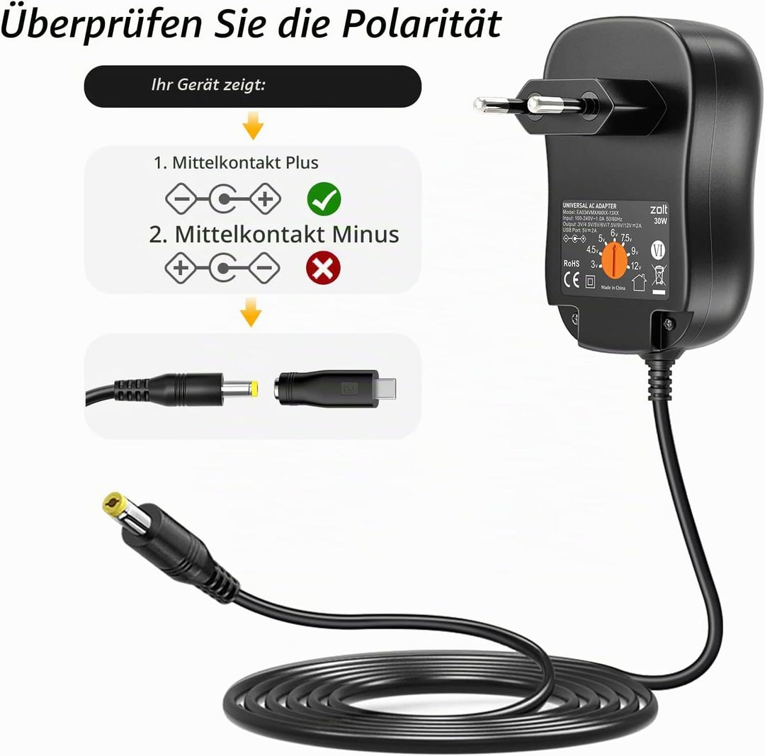 Zolt Universal AC zu DC 3V 4.5V 5V 6V 7.5V 9V 12V 2A Netzteil mit 5V 2A USB Port und 10 DC Steckern