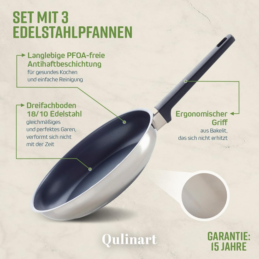 Qulinart 3er-Set Pfannen, dreifacher Boden, PFOA-freier, antihaftbeschichteter, kratzfester Edelstah