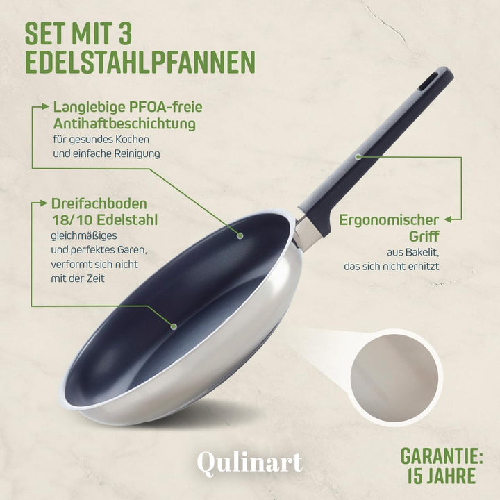 Qulinart 3er-Set Pfannen, dreifacher Boden, PFOA-freier, antihaftbeschichteter, kratzfester Edelstah