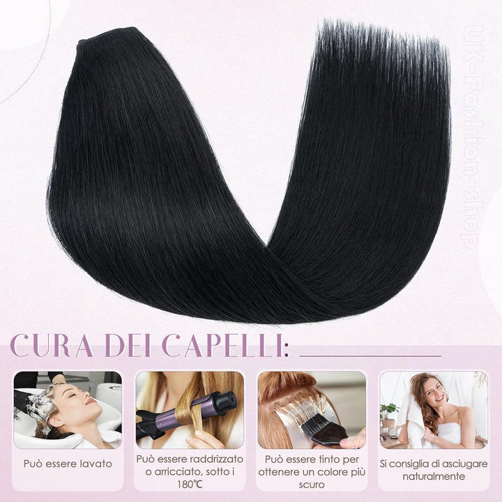 UK-Fashion-Shop Extensions Echthaar Clip #1 Lackschwarz 30cm Unsichtbare Clip in Extensions Echtahha