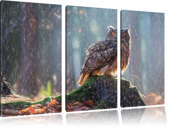 Pixxprint Eule auf dem Baumstamm als Leinwandbild/Grösse: 3 Teilig (120x80 cm) cm/Wandbild/Kunstdruc