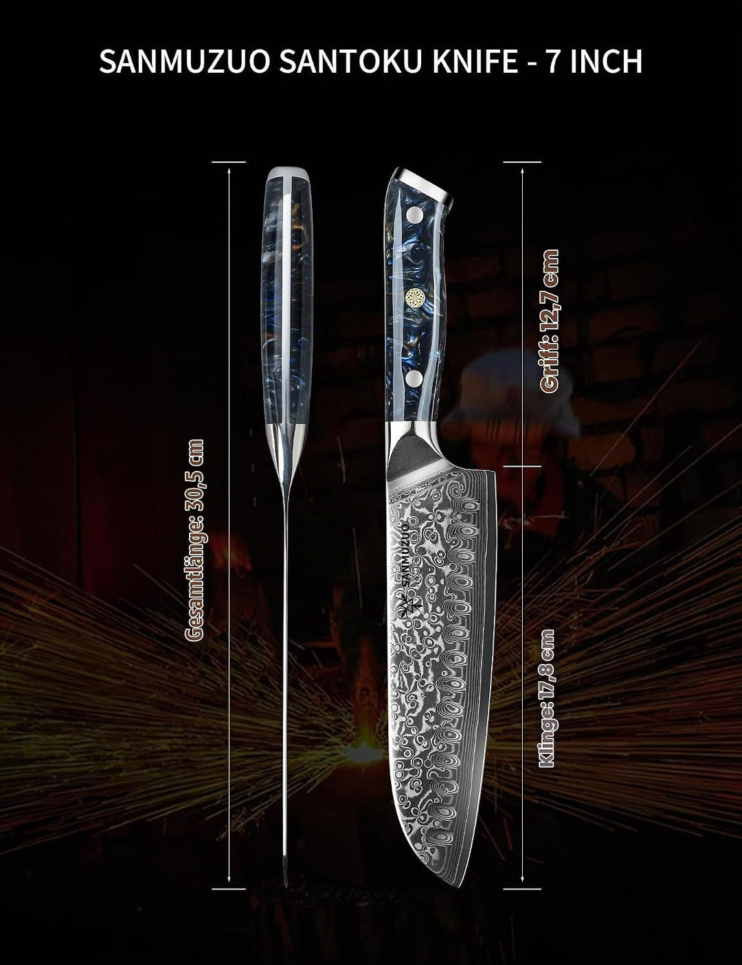 Damastmesser 18 cm Santokumesser - Japanisches Kochmesser - VG 10 Damaskus Stahl Küchenmesser mit Ha