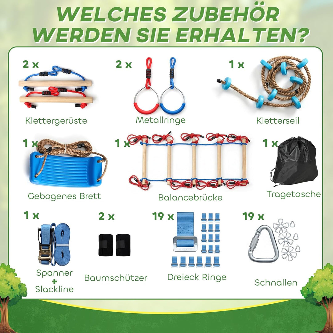 AIYAPLAY Ninja Line Kinder 24 m Slackline Set mit Turnringe 7 Hindernissen Kletterstange Ninja Warri