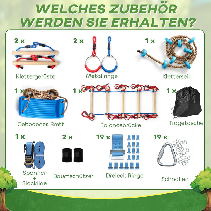 AIYAPLAY Ninja Line Kinder 24 m Slackline Set mit Turnringe 7 Hindernissen Kletterstange Ninja Warri