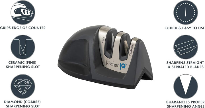 KitchenIQ 50825, Diamant Deluxe Edge Grip, 2-stufiger Messerschärfer, schwarz, grob und fein, kompak