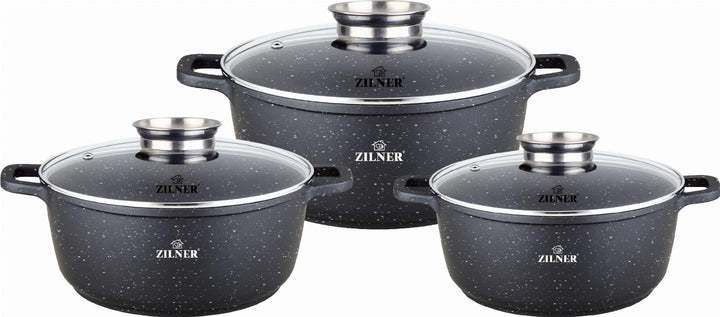 Zilner Topfset - Kochtopf Set 6-teilig - Marmorbeschichtung - mit Glasdeckeln - für alle Herdarten -