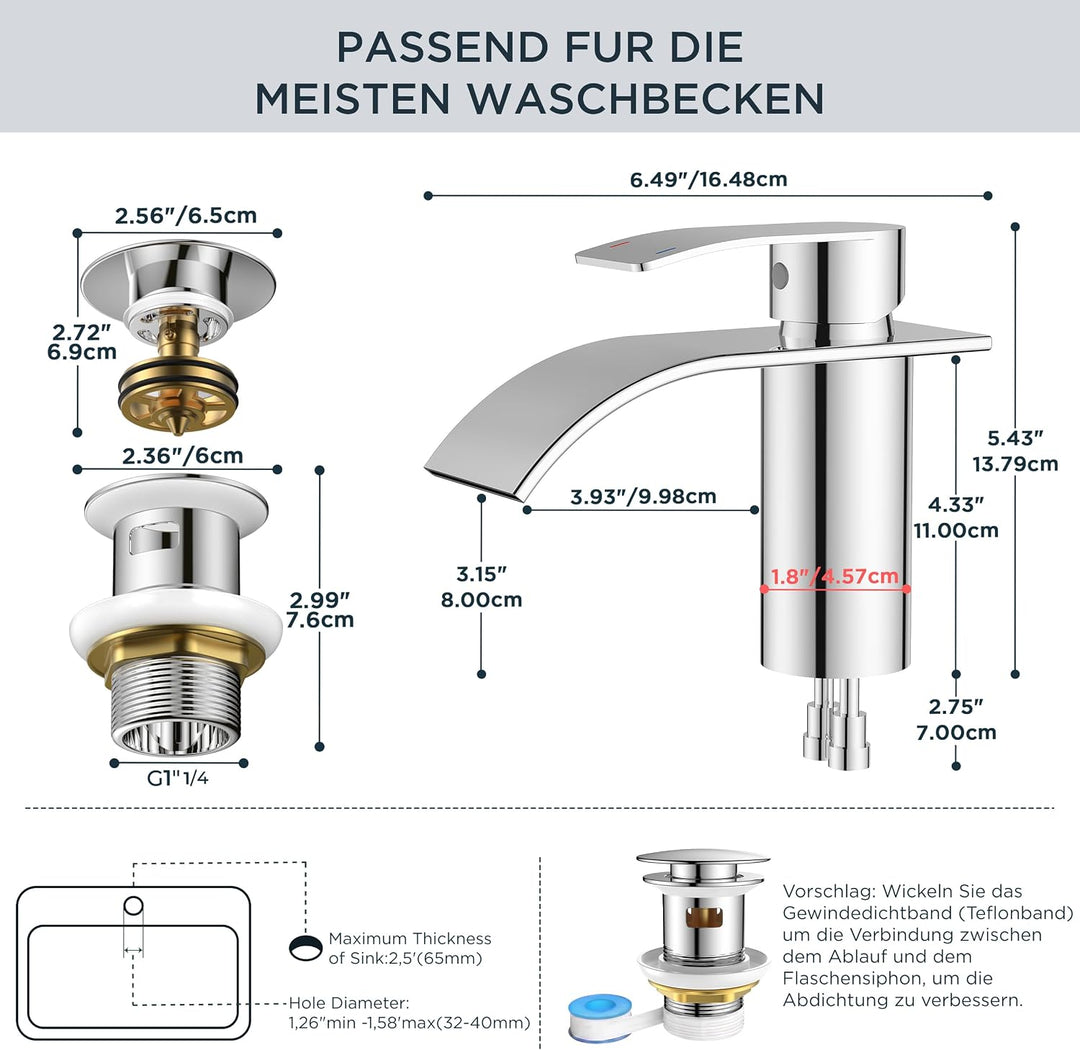 FORIOUS Wasserhahn Bad mit Ablaufgarnitur, Edelstahl Wasserfall Waschbeckenarmatur mit Auslaufhöhe 8