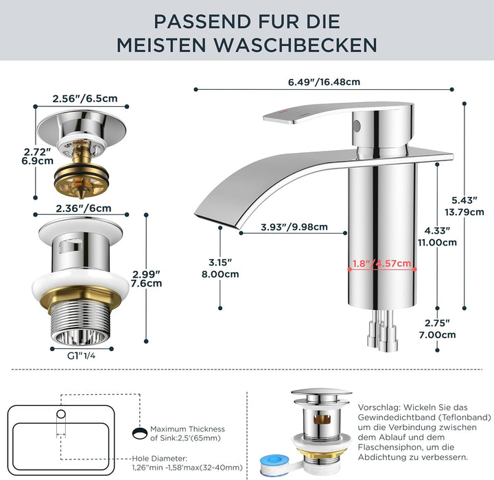 FORIOUS Wasserhahn Bad mit Ablaufgarnitur, Edelstahl Wasserfall Waschbeckenarmatur mit Auslaufhöhe 8