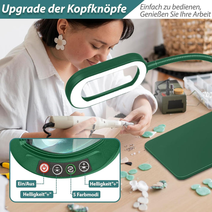 Drdefi 10X Rectangle Lupe mit Licht und Ständer, Echtes Glas Lupenlampe, 5 Farbmodi Stufenlos Dimmba