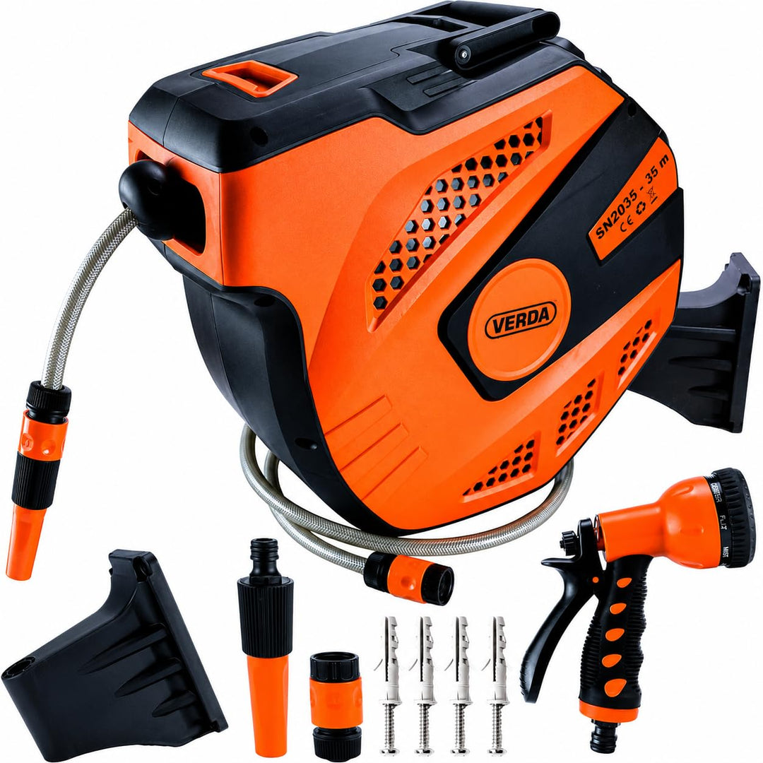 Schlauchtrommel & Wand-Schlauchbox 35M+2M – Hochwertiger 1/2-Zoll Automatik-Gartenschlauch mit 180°