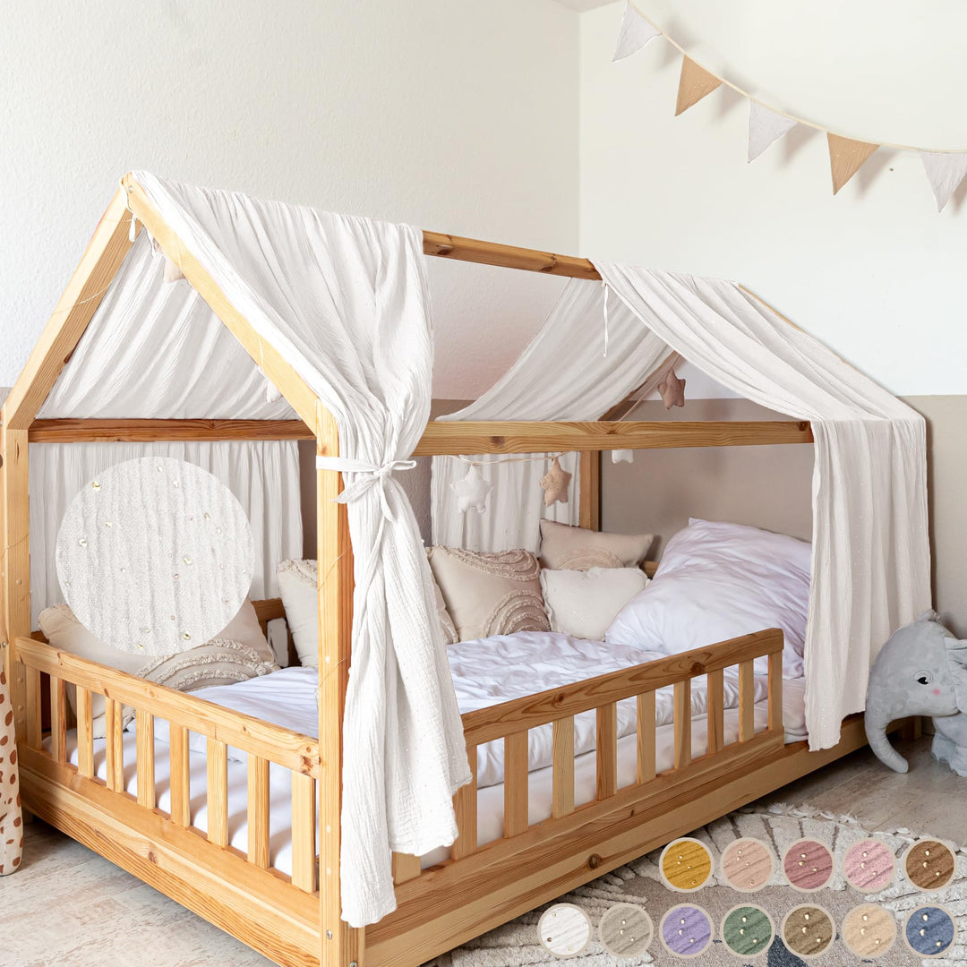 Hausbett Himmel mit Gold Applikation [in 12 Farben] Betthimmel Hausbett aus 100% Baumwolle Musselin